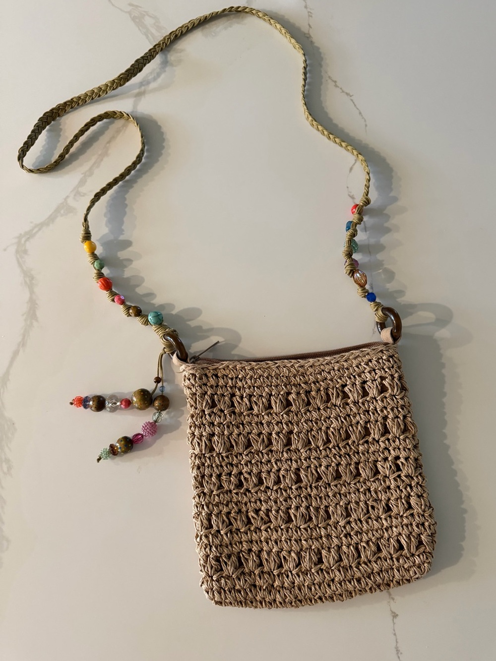 Cappeli Straworld Woven Straw Crossbody Bag with Beaded Strap - Beige